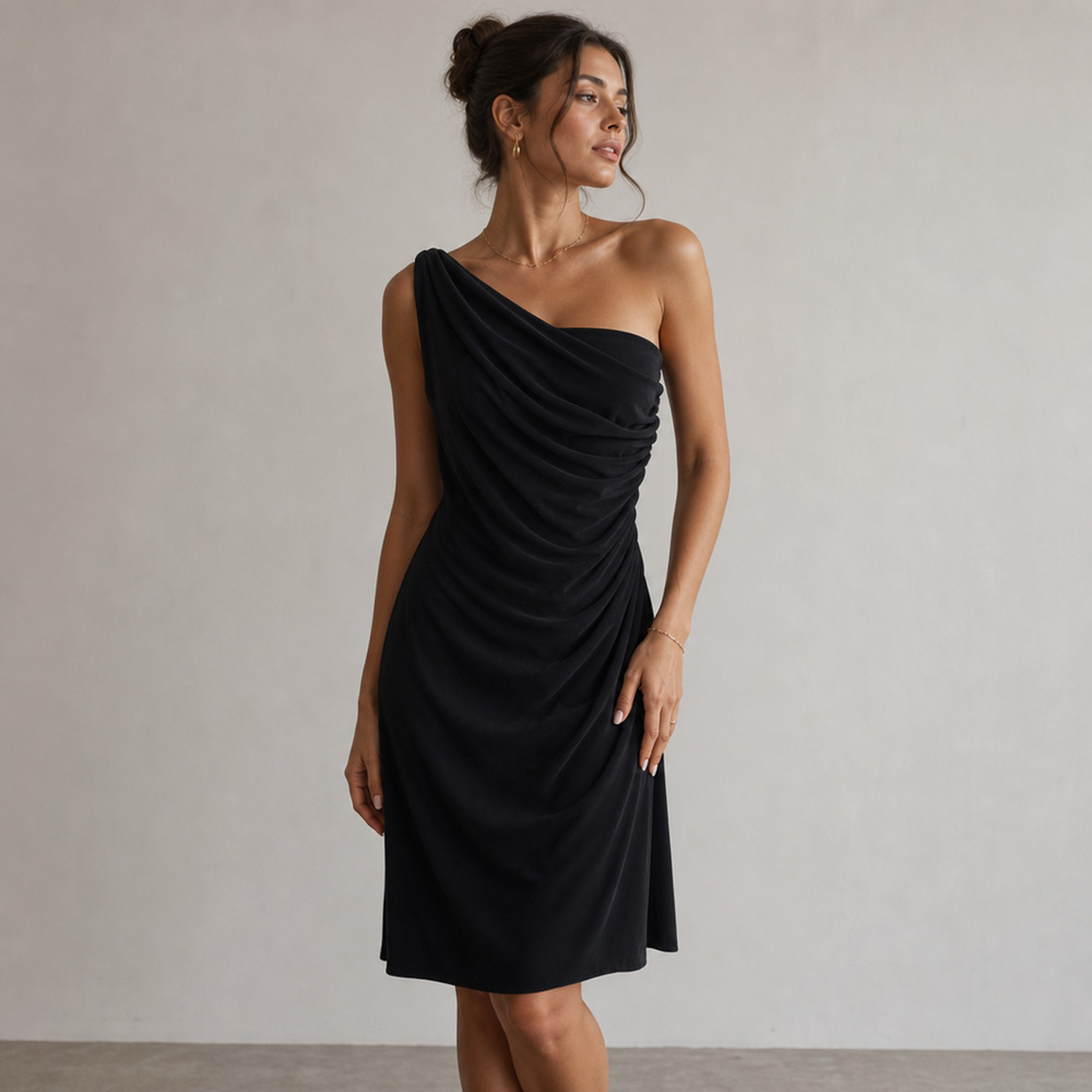 Lauren Ralph Lauren Dress Black One Shoulder Ruched Sz 12